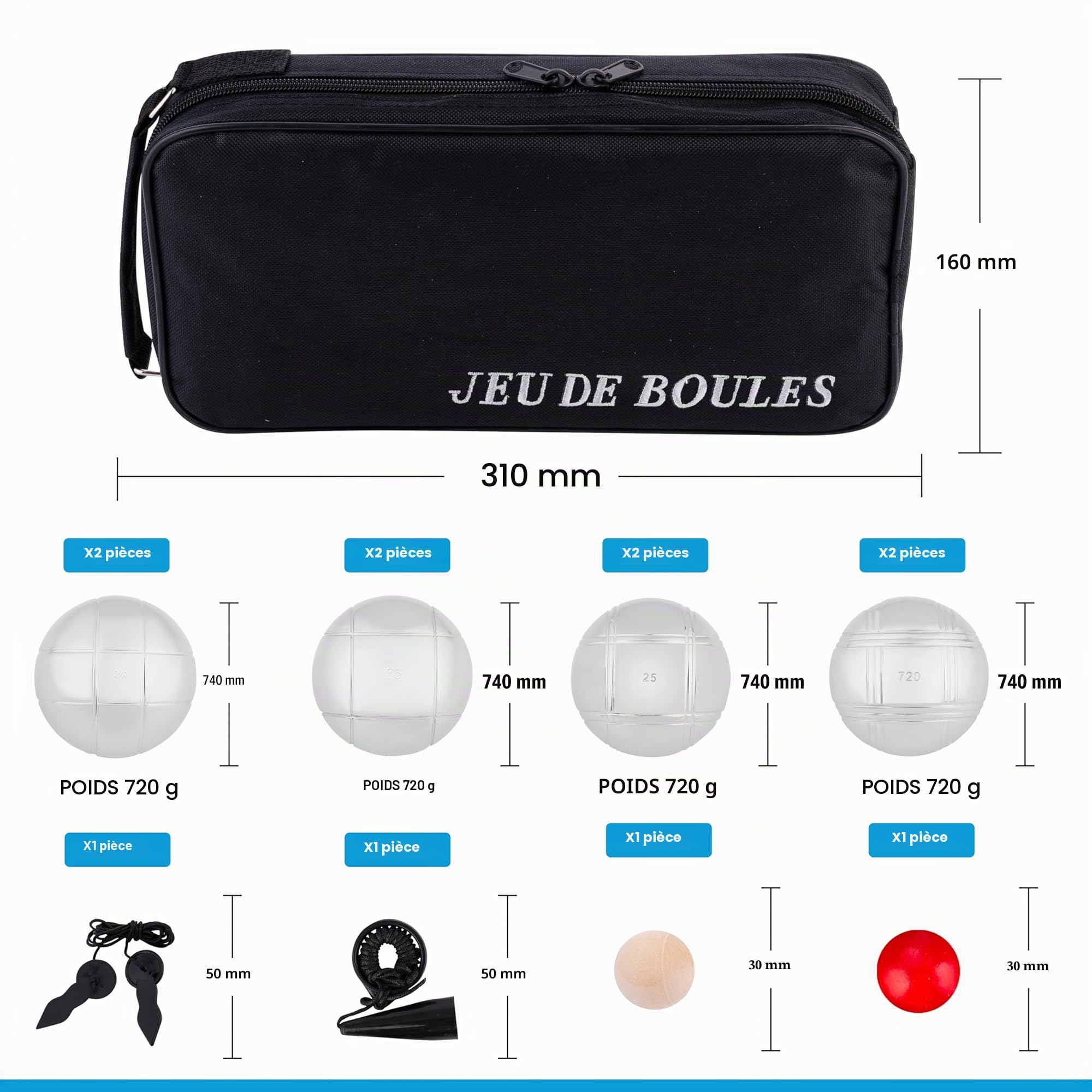 Engelhart Boules de Pétanque 8 Boules Sacoche Accessoires de Petanque - Boule Métal 74 mm 720 g - 2 Cochonnets Bois, Distance Mètre et Ramasse Boule Magnétique 2 à 4 Joueurs - Adulte Loisir 010203 | Jeu complet 8 boules pour 2 à 4 joueurs avec sacoche, co