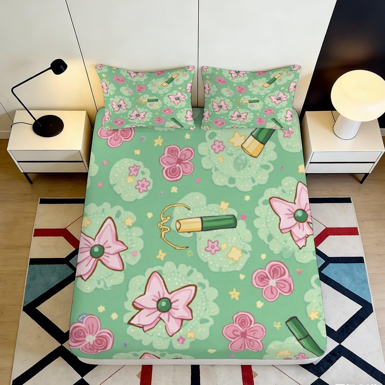 Pnayamiorkfel Style-10 3D Printed Green Cute Bow Fitted Sheet Microfiber Soft Decorative Lipstick Floral Mattress Cover For Bedroom Dorm 90X200x25cm