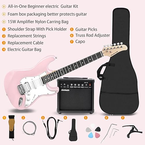 Miniatura 2 de Soulmate - Kit de guitarra eléctrica de tamaño completo de 39 pulgadas para principiantes con cuerpo sólido, pastillas HSS con amplificador de 15W,