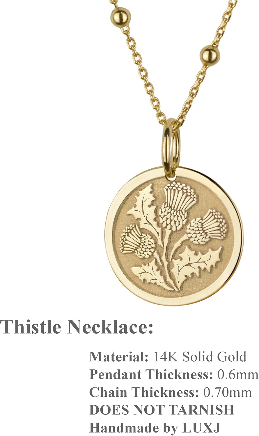 14K Solid Gold Thistle Necklace | Thistle Flower Charm | Celtic Thistle Jewelry | Personalized Scottish Thistle Pendant | Scottish Emblem Medallion | Scottish Symbol Round Coin | Thistle Charm Gift