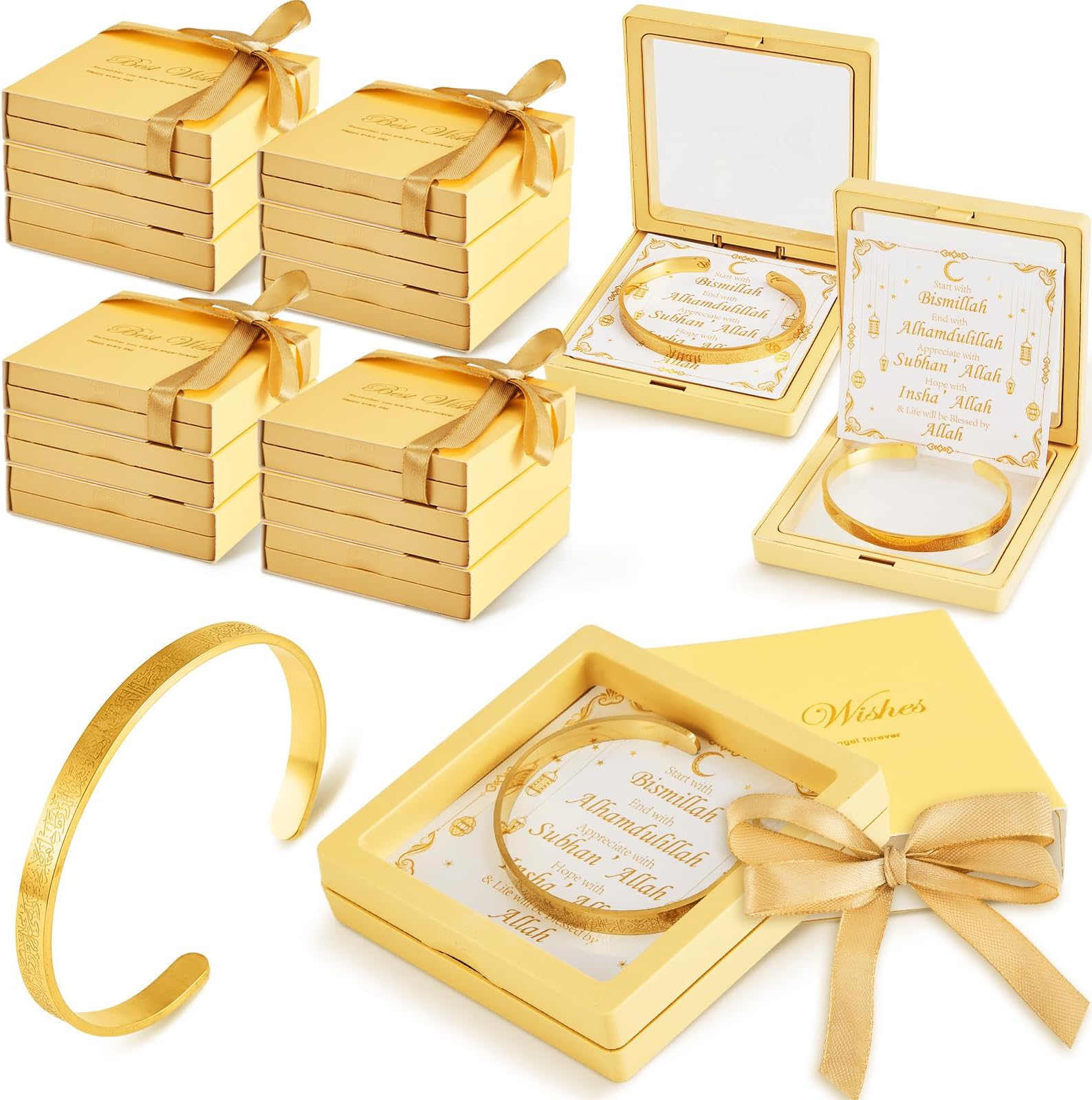 12 Sets Eid Al Adha Ayatul Kursi Bracelets Bulk Eid Mubarak Allah Open Bangle Islamic Jewelry Gifts with Gift Box Cards Muslims Festival Gold Arabic Cuff for Women Men Ramadan Hajj Gifts Islam Favor