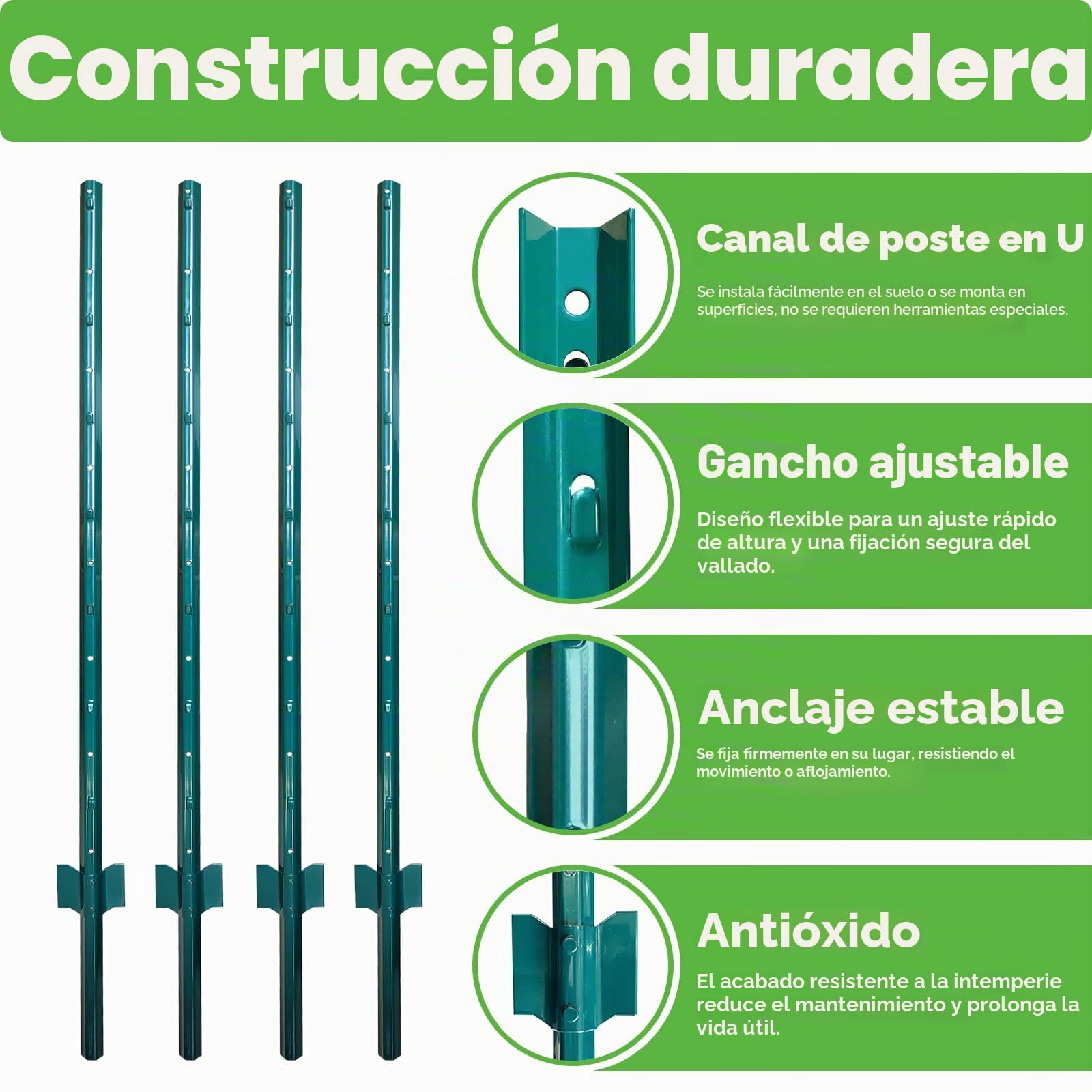 Thealyn Postes U para Cercados, Set de 10 Unidades 121 CM Acero Galvanizado Anticorrosión, Fácil Instalación para Jardín o Corral