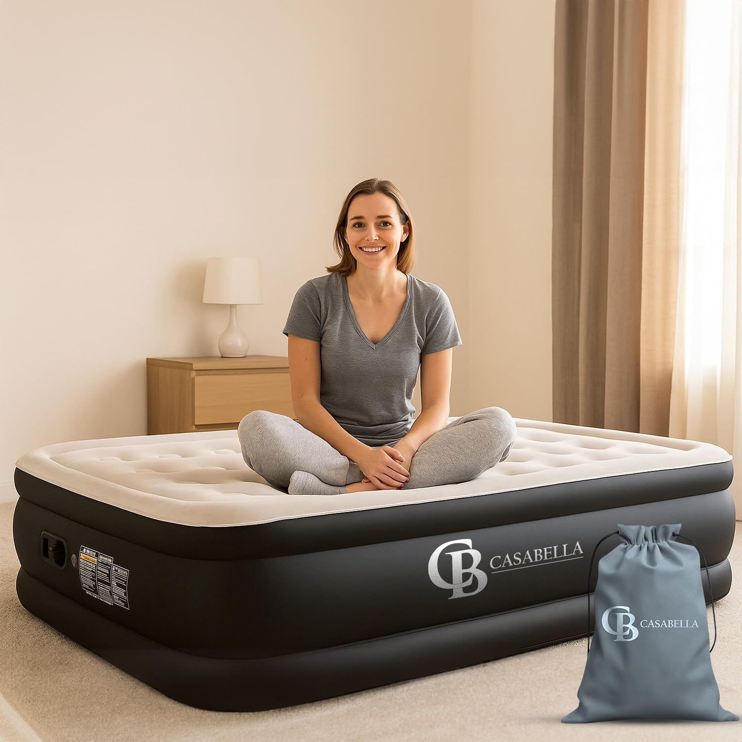 Casabella Double Airbed - Air Bed with Built-in Electric Air Pump, 3 Min Self-Inflating/Deflating Air Mattress with Flocked Surface, Portable Blow Up Mattress for Home, Camping & Guests (137x190+46cm)