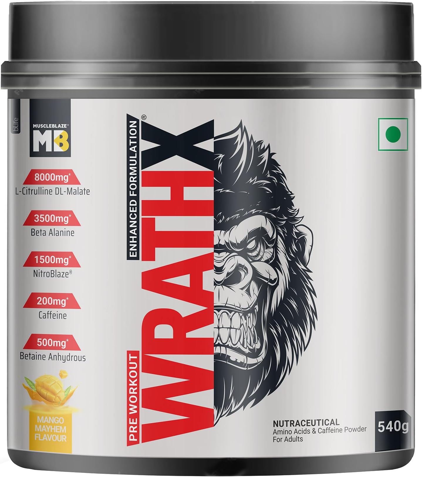 Pre Workout WrathX Powder, Mango Mayhem, 540g, 30 Servings