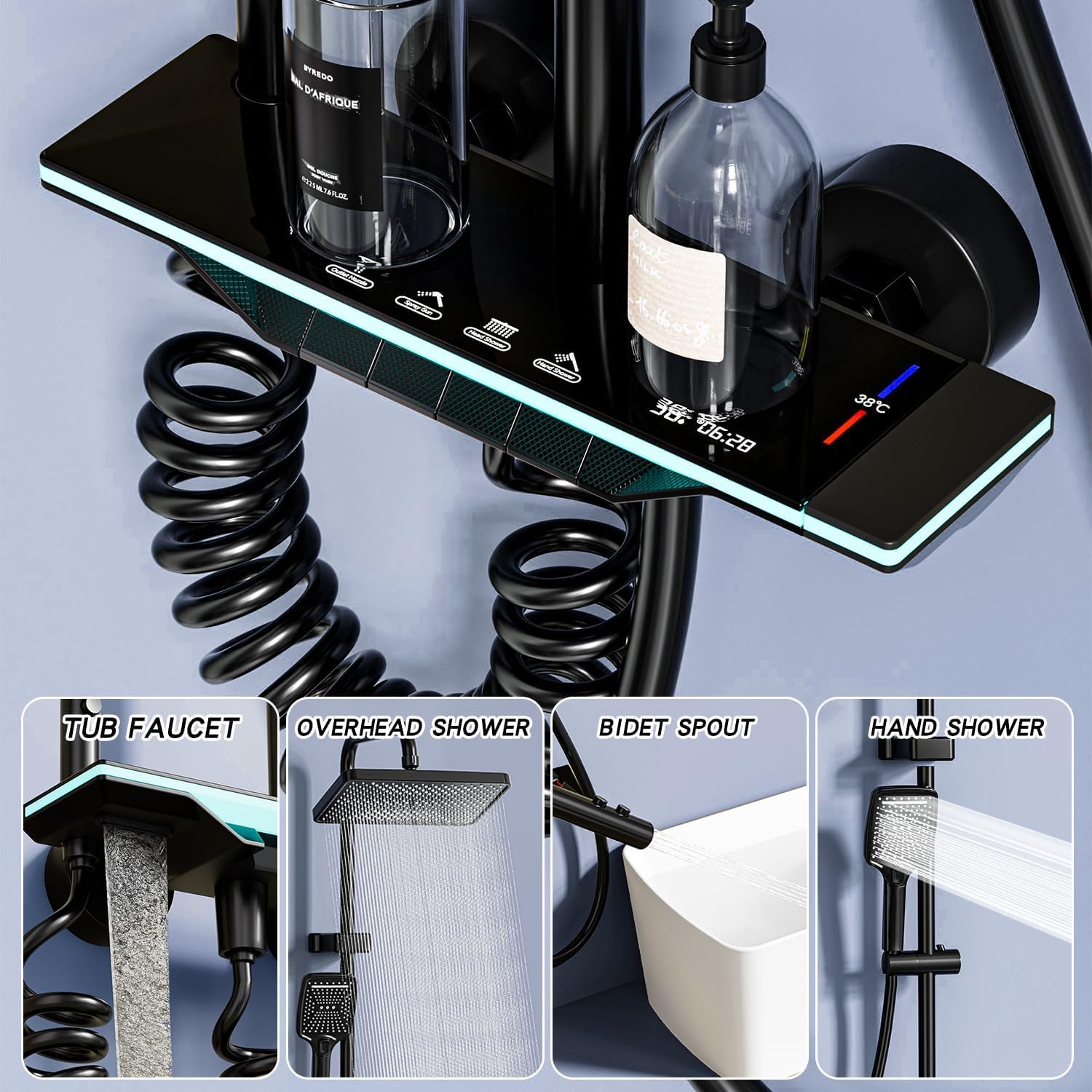 YJYAJIE Colonna Doccia con Miscelatore, Set Doccia Quadrato con Display a LED, Soffione Doccia Grande 31x20cm, Doccetta a 3 Funzioni, Getto Concentrato e Rubinetto per Vasca, Nera