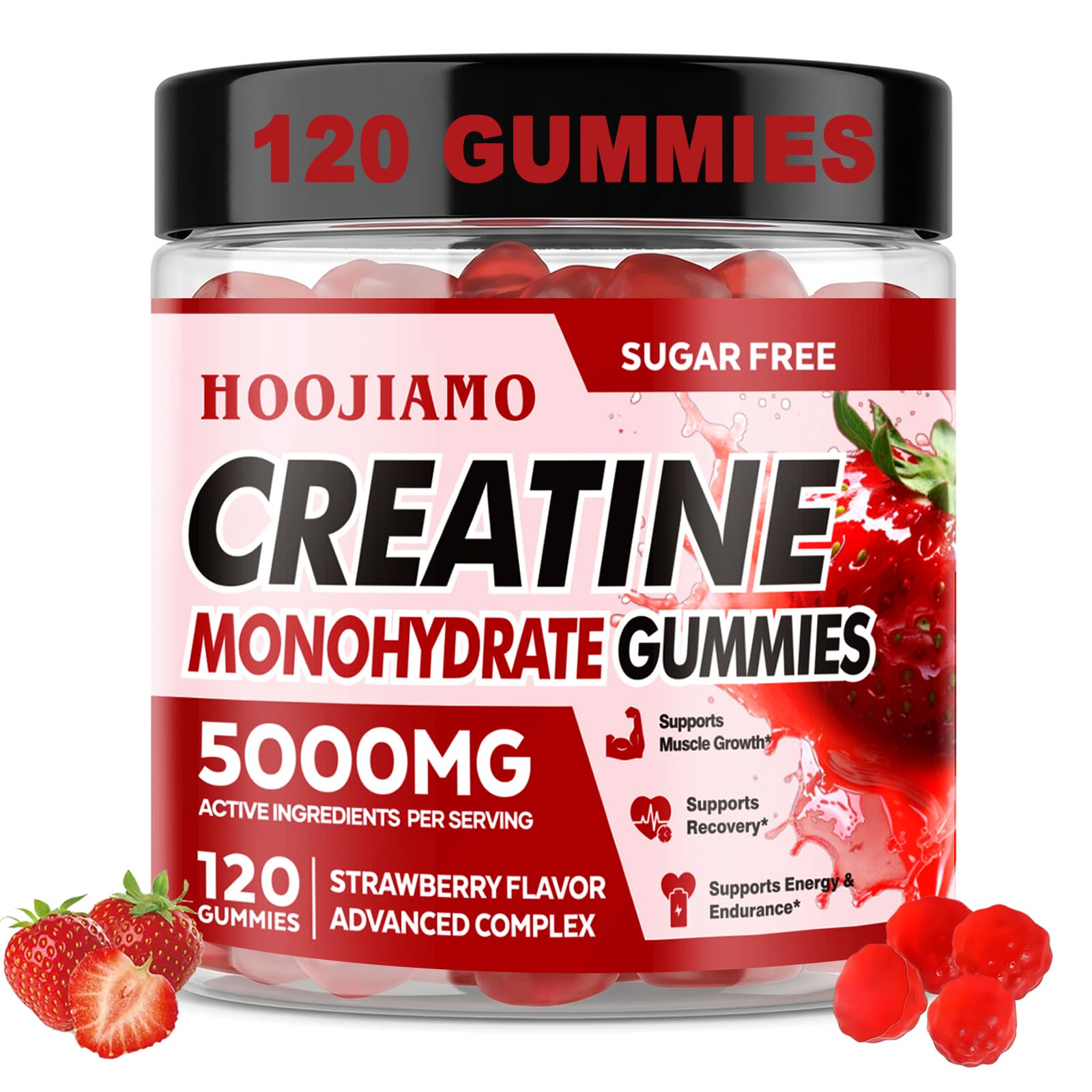 HOOJIAMO Creatina Monohidratada em Gomas com BCAA 2:1:1, L-Carnitina, Taurina e Vitamina B12, 5.000 mg, 120 gomas
