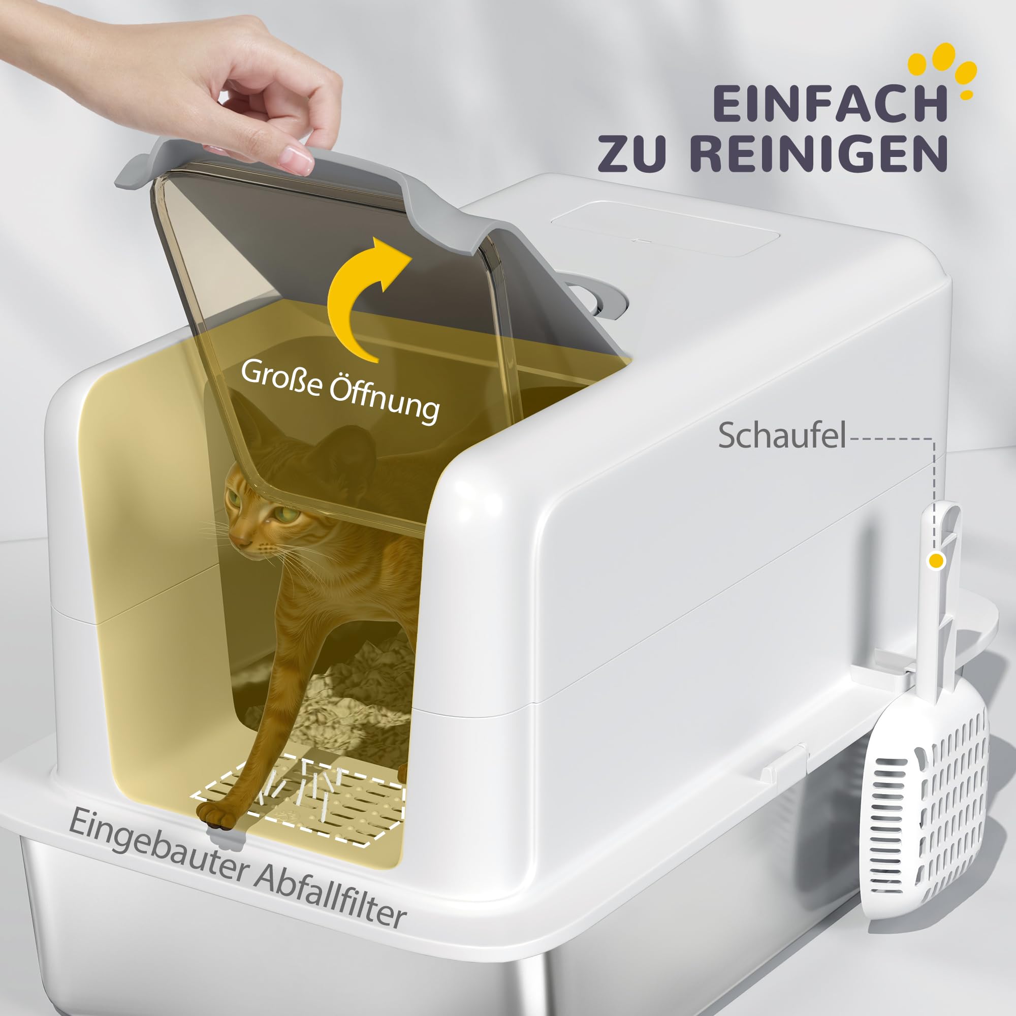 PawHut Katzenklo XXL mit Deckel für Große Katzen 40,5x60,5x41,5 cm Weiß | Edelstahl, Katzentoilette mit Wanne, Eingebauter Streufilter, Streuschaufel, Cat Litter Box