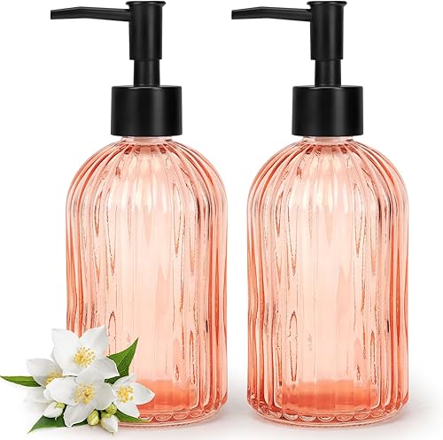 Miniatura 27 de Paquete de 2 dispensadores de jabón de vidrio con bomba de plástico negro, dispensador de jabón líquido de manos de 13 onzas, bomba a prueba de