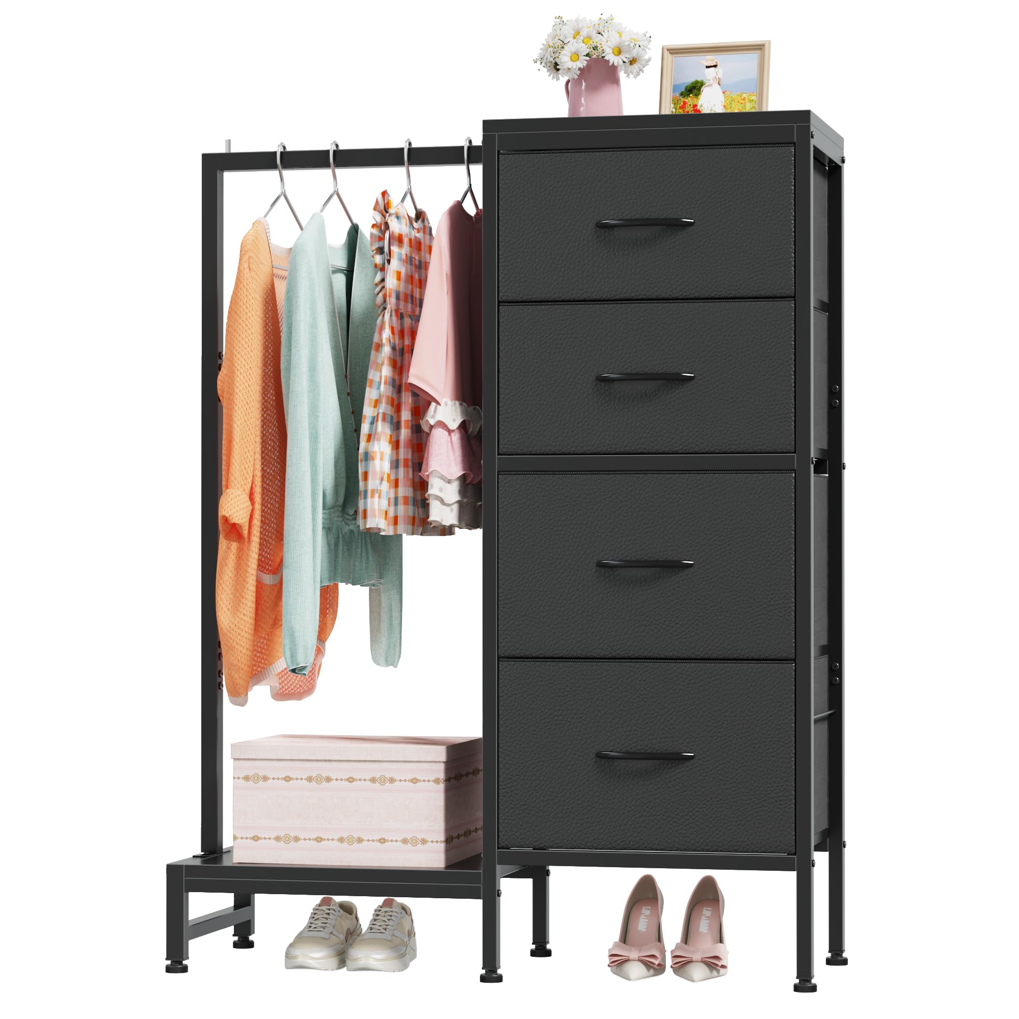 111cm Tall Chest of Drawers, Small Wardrobe for Bedroom,4 Fabric Drawer Reversible Chest of Drawers with Hanging Rail for Hallway Living Room Entryway, Kids Wardrobe Adults Gift, Black-image-5