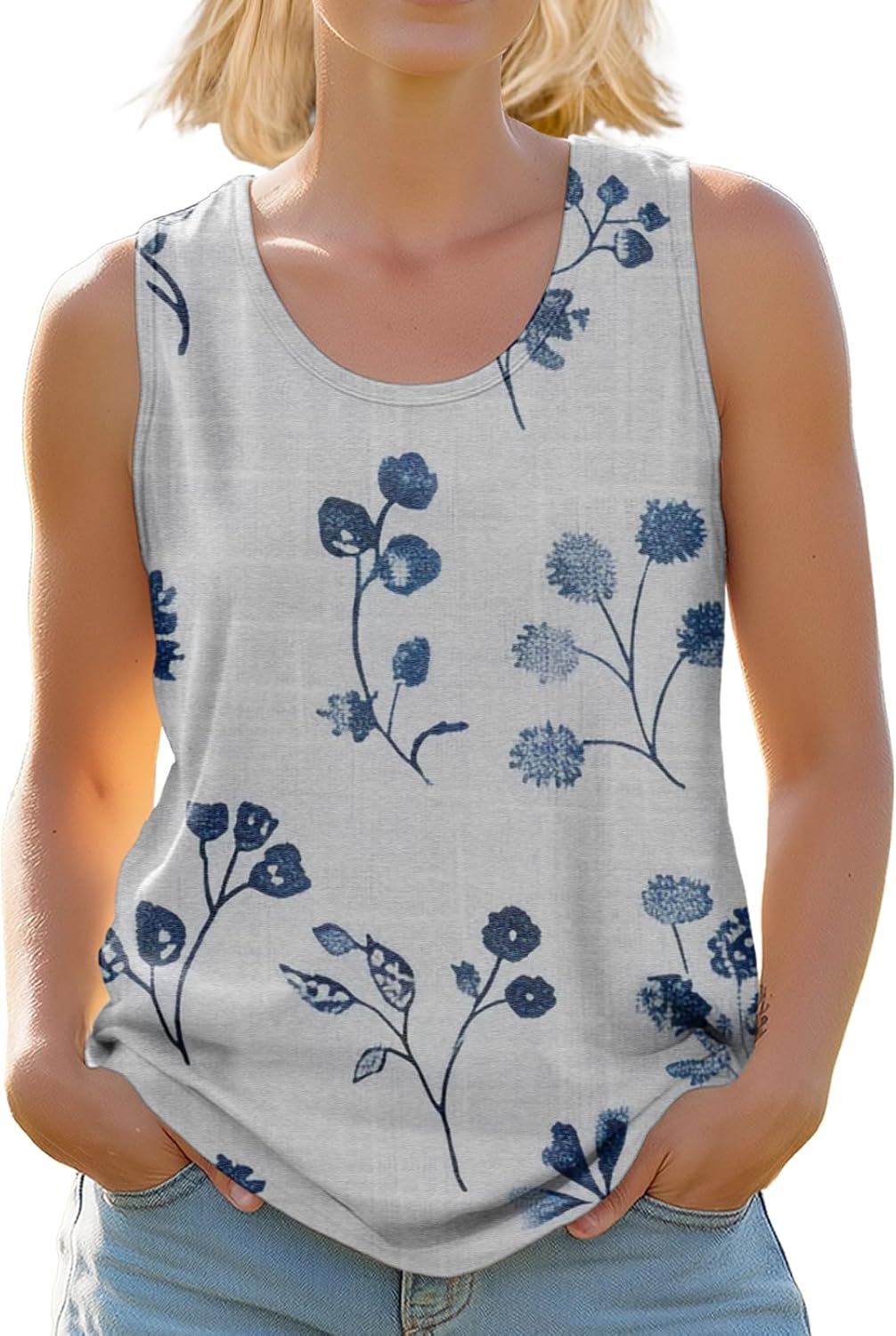 Womens Floral Print Tank Top Summer Sleeveless Blouse Crewneck Casual Loose Fit Shirt Botanical Vacation Outfit
