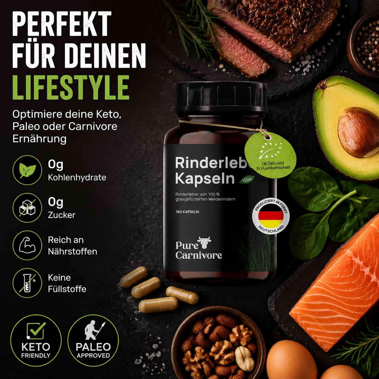 Bio Rinderleber Kapseln 180 Stück | 30-Tage-Packung | Weiderinder | Natürliches Vitamin A, B12, Eisen, B2, B3, B5, Folsäure, Kupfer | Für Keto- & Paleo-Ernährung