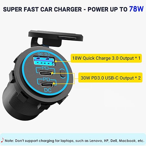 Miniatura 2 de Enchufe USB C para cargador de automóvil de 12 V, salida USB de 78 W, salida USB dual de 30 W PD USB-C y 18 W QC3.0 puerto USB para automóvil con