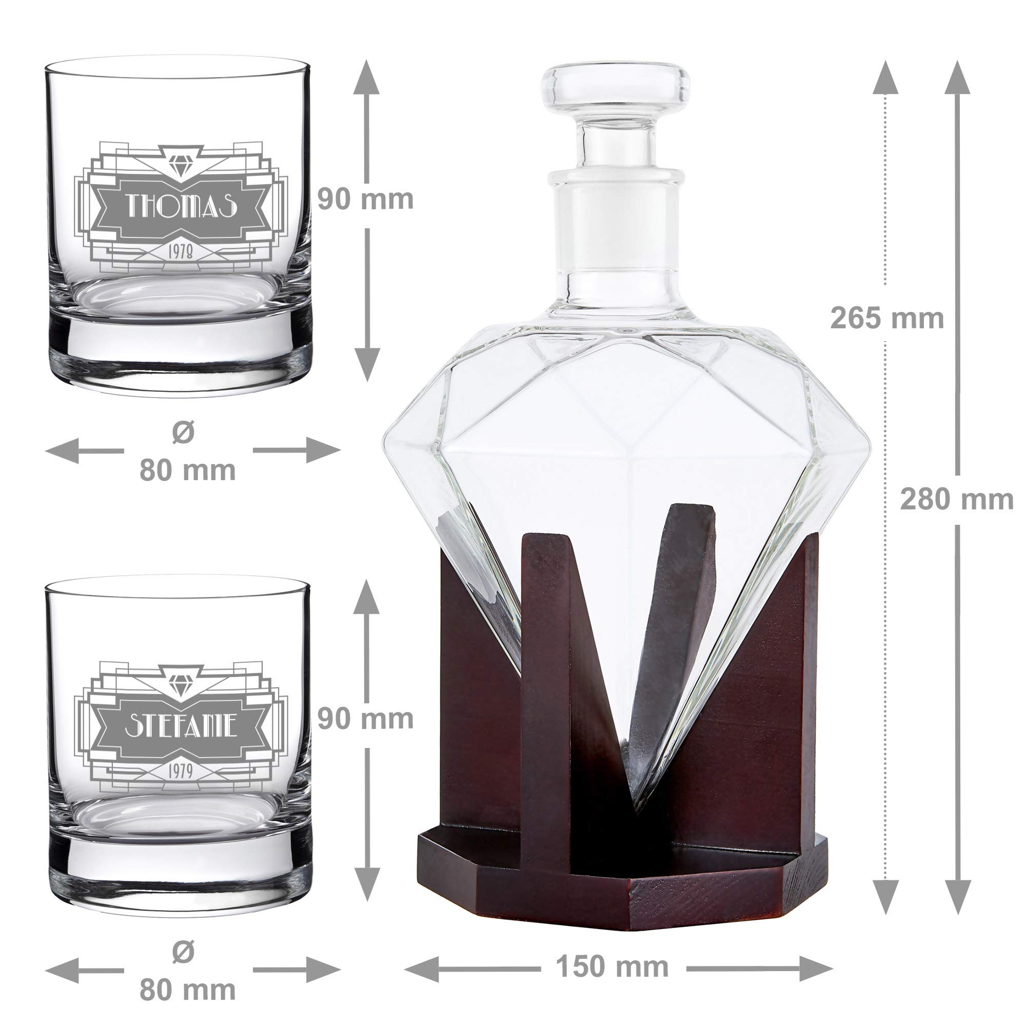 AMAVEL Set de Dégustation avec Carafe Diamant et 2 Verres à Whisky, Gravure Personnalisée, Motif Diamant, 2 Prénoms et 1 Année