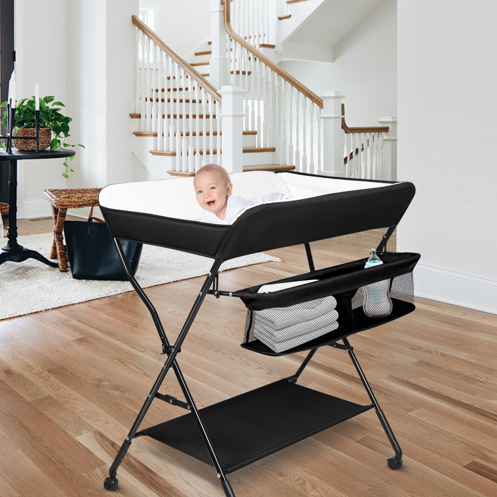 Table a Langer Pliante pour Remplacement de la couche,Table a Langer Pliante avec Ceinture de Sécurité et Panier de Rangement, jusqu'à 25 kg,86 * 62 * 96 cm-noir
