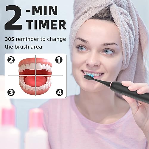 Miniatura 5 de POTICO Cepillo de dientes eléctrico sónico para adultos, 8 cabezales de cepillo, temporizador inteligente, 5 modos IPX7, resistente al agua, cepillo