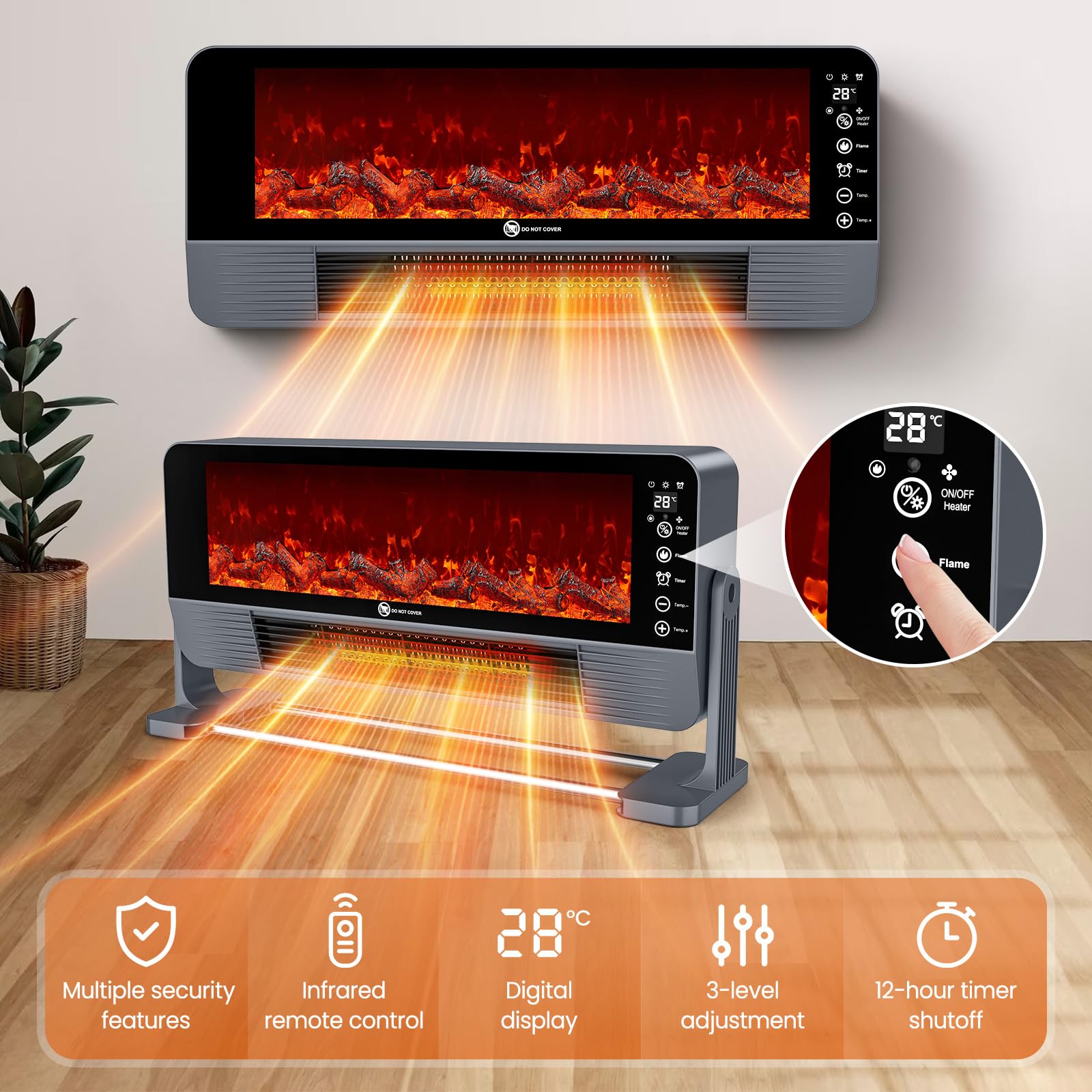 Chauffage d'appoint, Chauffage 2000W avec Céramique PTC, Effet Flamme 3D, Installation Murale/Sol, Télécommande, 3 Modes, Sécurité Anti-Chute & Surchauffe, Minuterie 12H, pour Bureau, Salon, Chambre