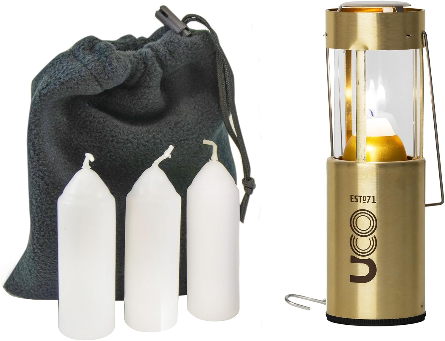 UCO Original Brass Candle Lantern Value Pack with 3 Long-Burning Candles & Storage Bag - Windproof Camping Light