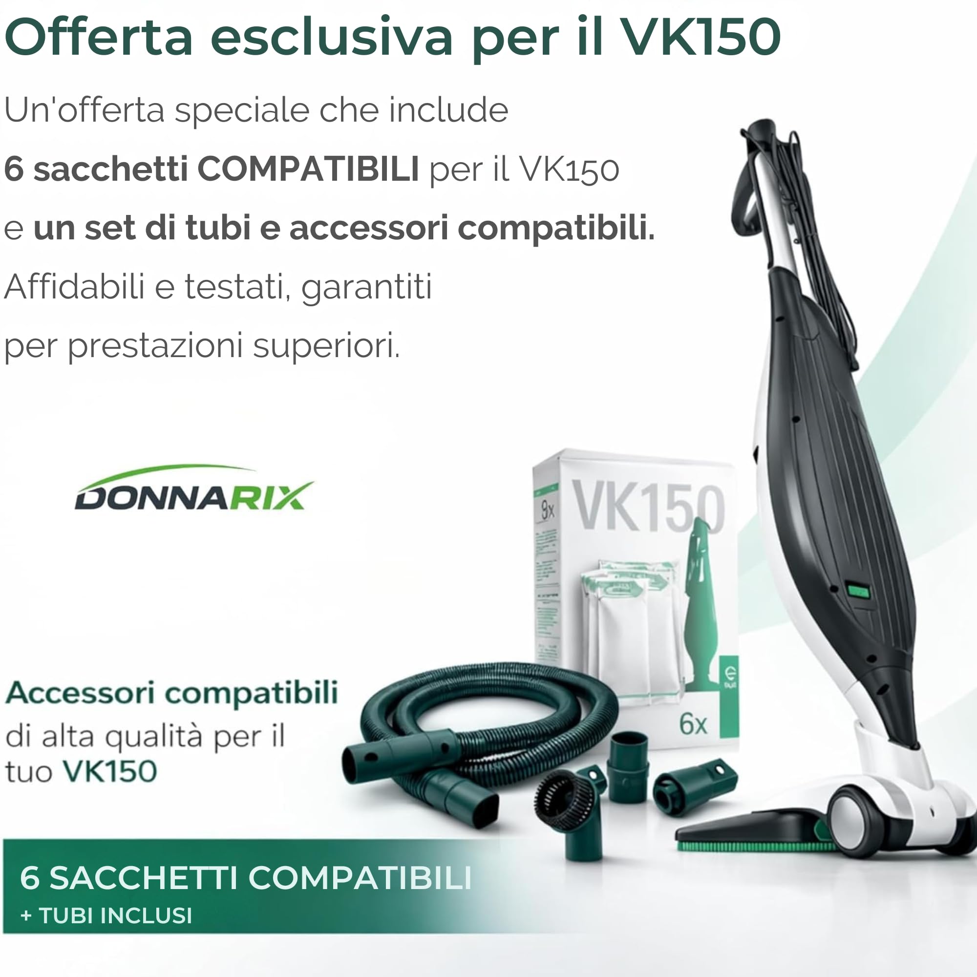 Aspirapolvere Folletto VK150 Nuovo con HD50 + 6 Sacchetti COMPATIBILI + Tubi Con Vari Accessori - Filtro Alta Capacità, Silenzioso, Casa Pulita e Aria Sana