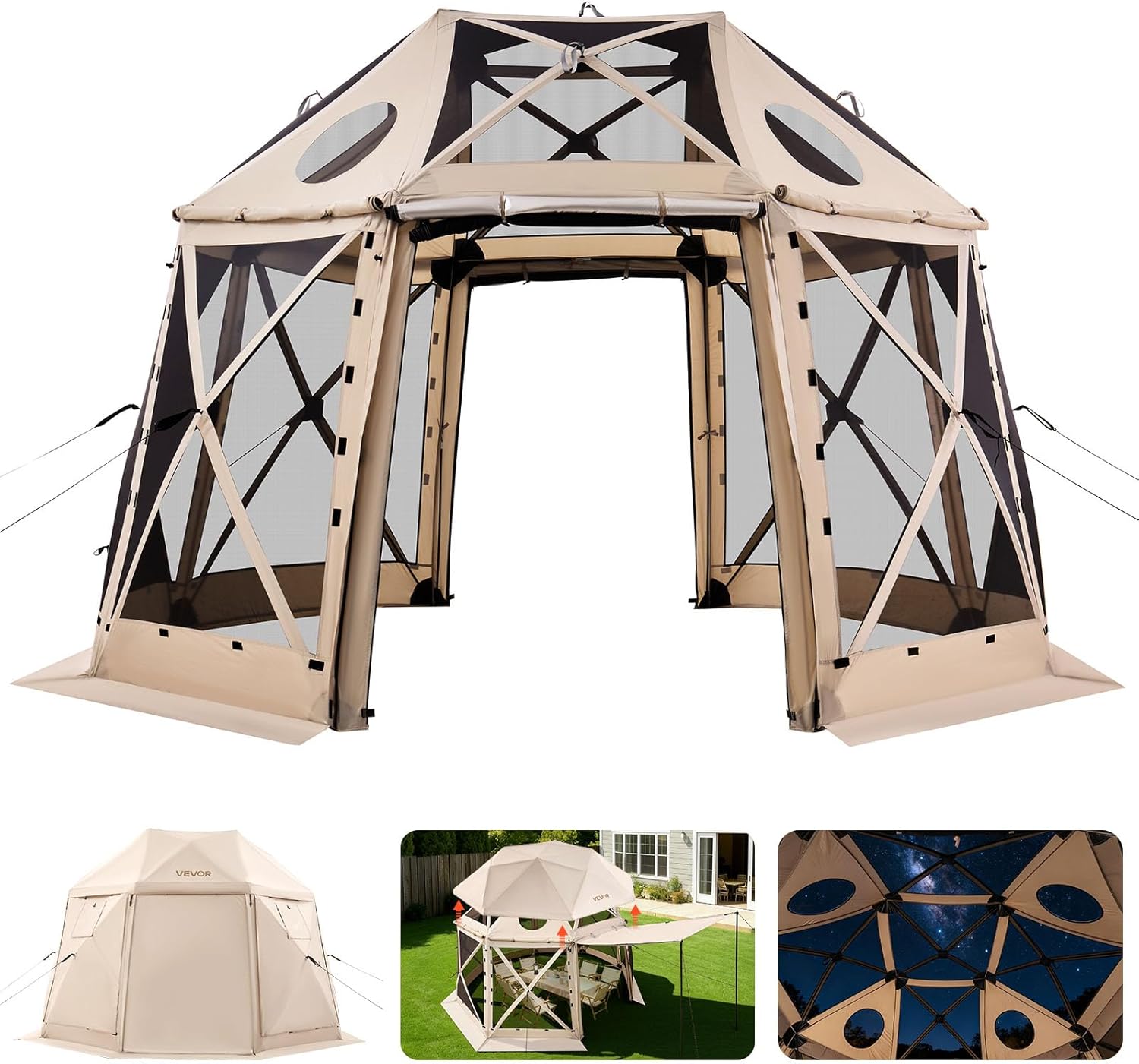 VEVOR Pop up Gazebo Screen Tent, 12 x 12 ft, 13-Sided Spherical Camping Canopy Tent with Removable Top & Carry Bag, Quick-Set & Bite-Proof, Screen Hou