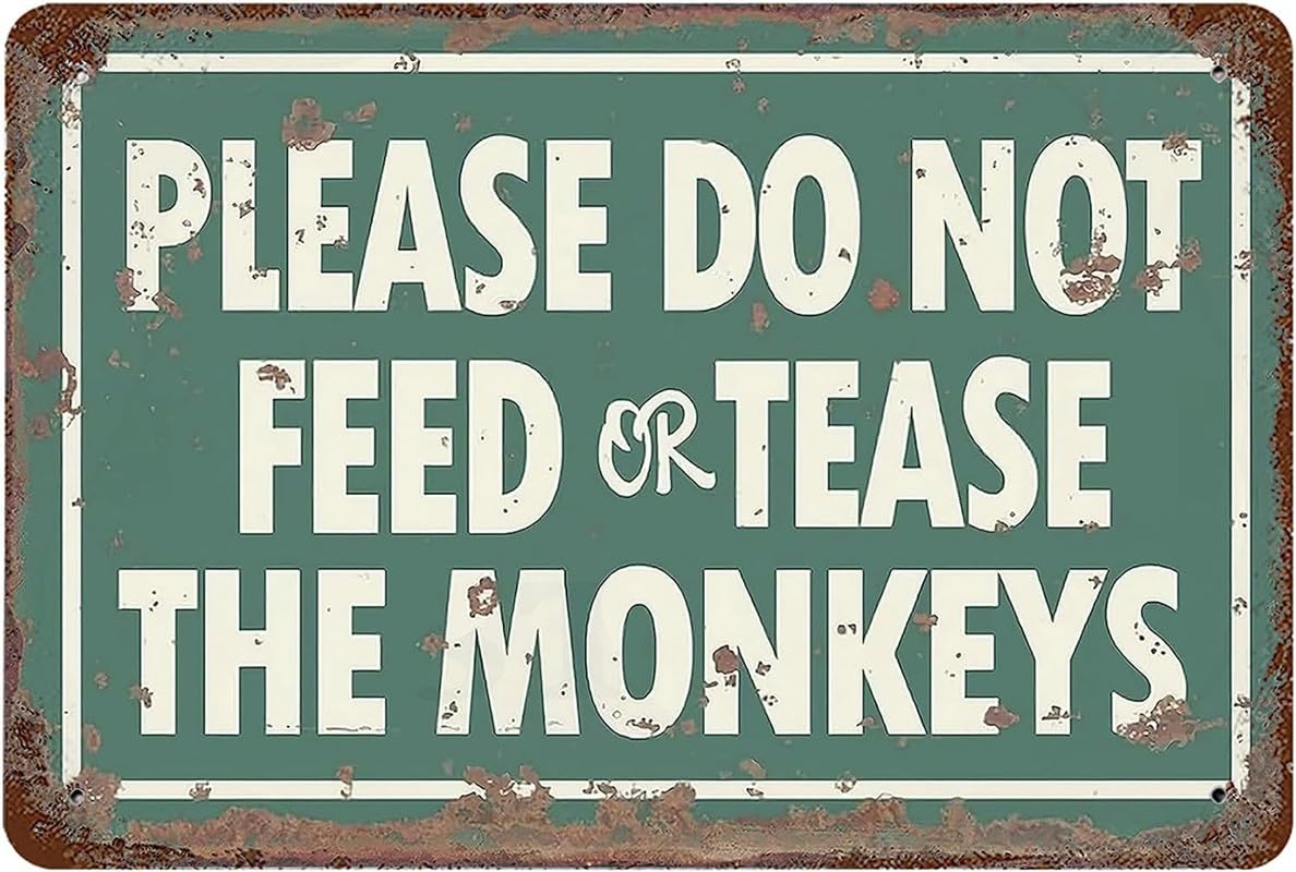 Metal Tin Sign 8x12, Vintage Warning of Monkey, Wall Decor Please Do Not Feed Or Tease Monkeys Poster Art for Home Living Room Bedroom Garden Garage Office Cafe Bar Pub