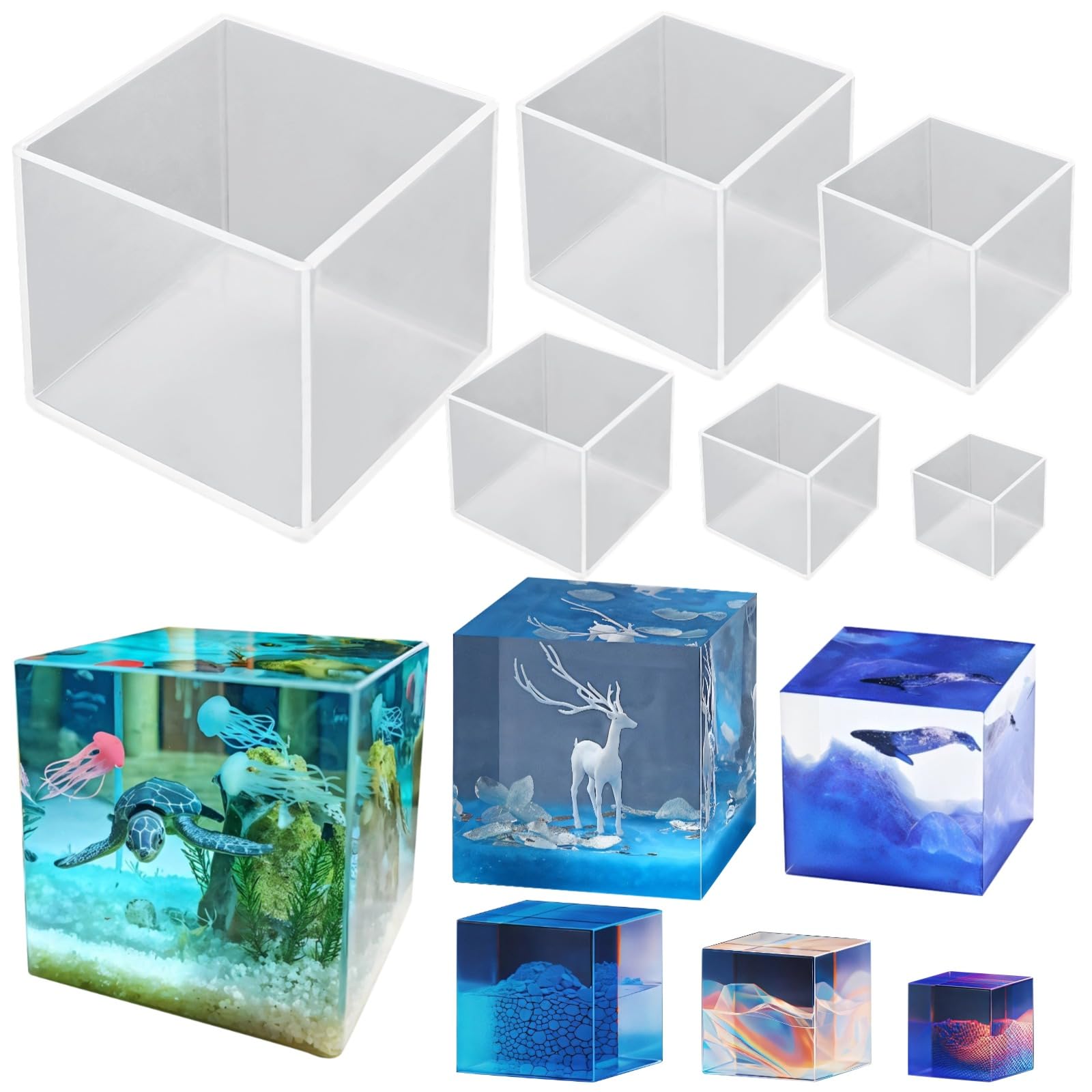 6 stampi cubici per fai da te in resina, stampi quadrati in silicone trasparente con finitura trasparente per artigianato, gioielli, portachiavi e arte decorativa, 6 misure da 1,5 cm a 9,9 cm