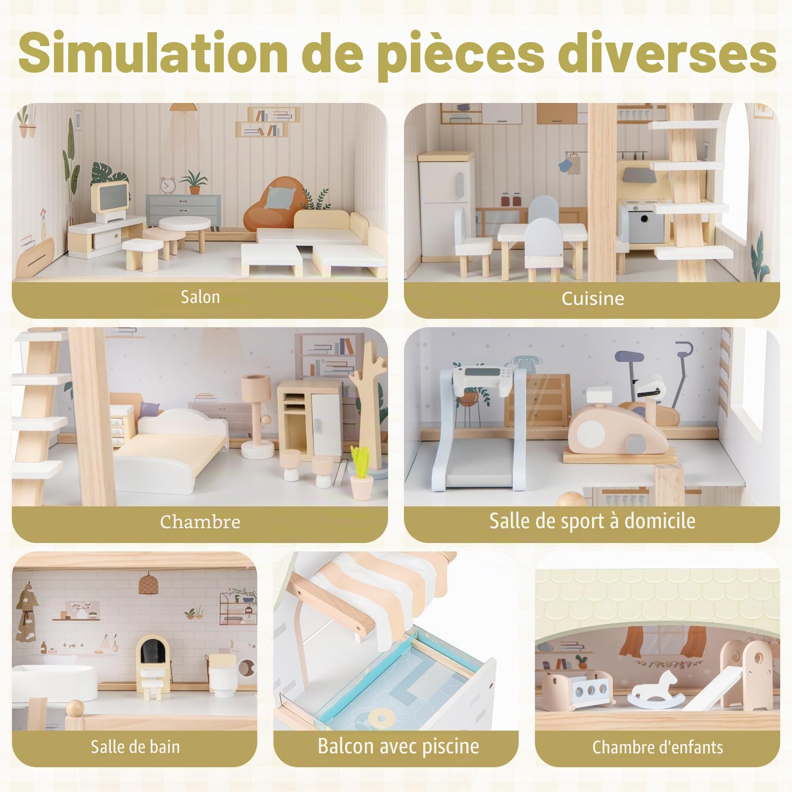 FANTASK Maison de poupée en Bois avec 33 Meubles, Balcon et Piscine, Villa de rêve, Maison de poupée pour Enfants, Cadeau de Jouet pour Filles et garçons à partir de 2 Ans