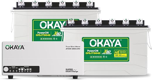 Okaya Inverter with Two Battery Combo for Home,Office &amp; Shops|ATSW 1900 24V Pure Sine Wave Inverter 1650VA with OPSJT19048...
