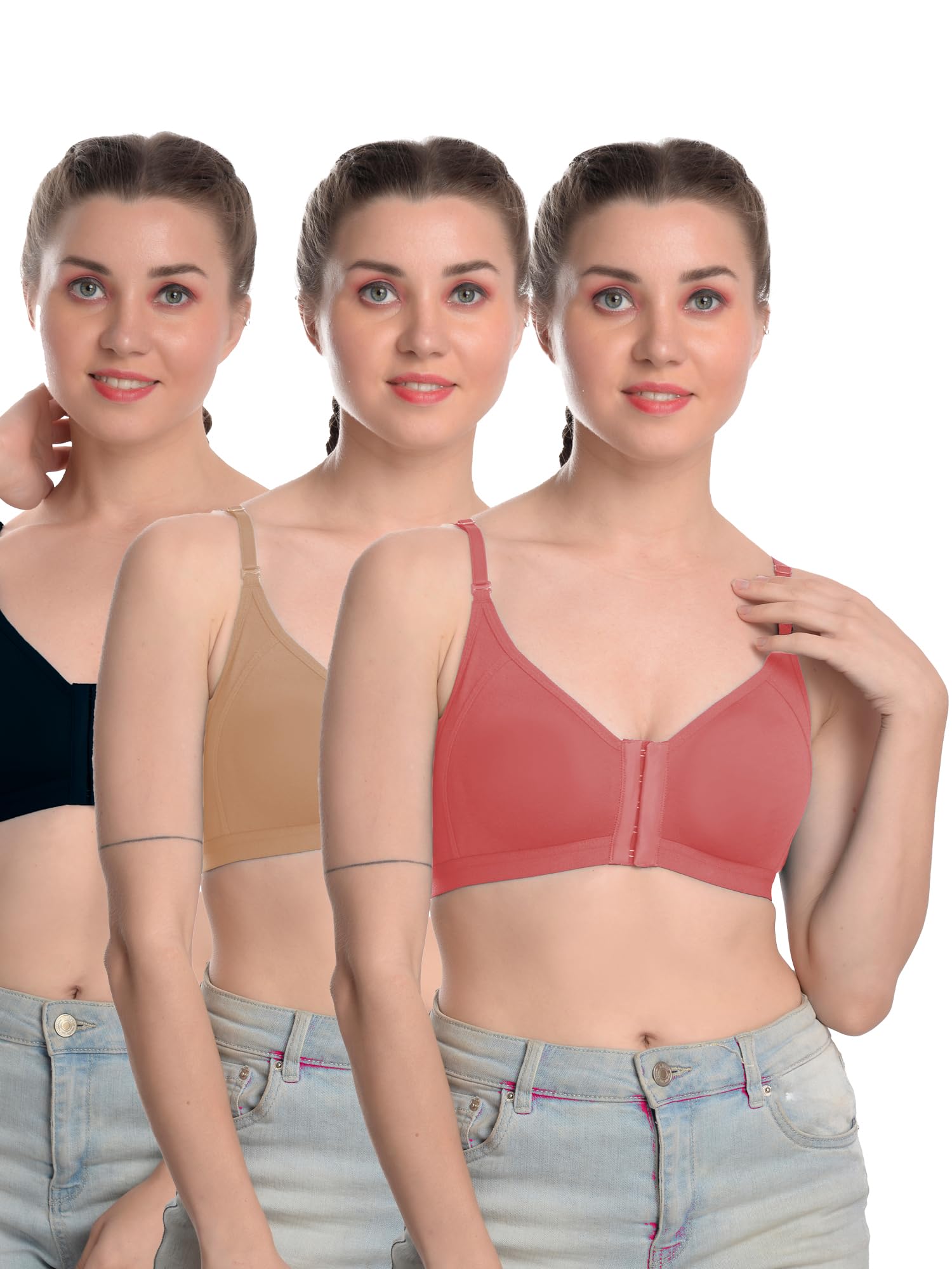 clothonics Cotton Blend Front Open Non Padded Non Wired Everyday Bra Pack of 3-picture-13