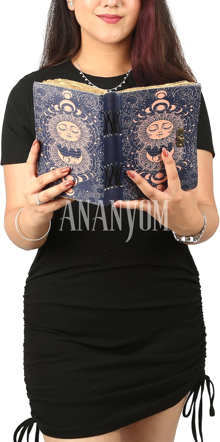 Leather Journal Refillable Notebook 8x5 Inch – Royal Blue Sun & Moon Design | Vintage Writing Journal for Women & Men | 200 Unruled Dackle edge Pages, Brass Clasp Lock, Genuine Leather Diary - Image 5