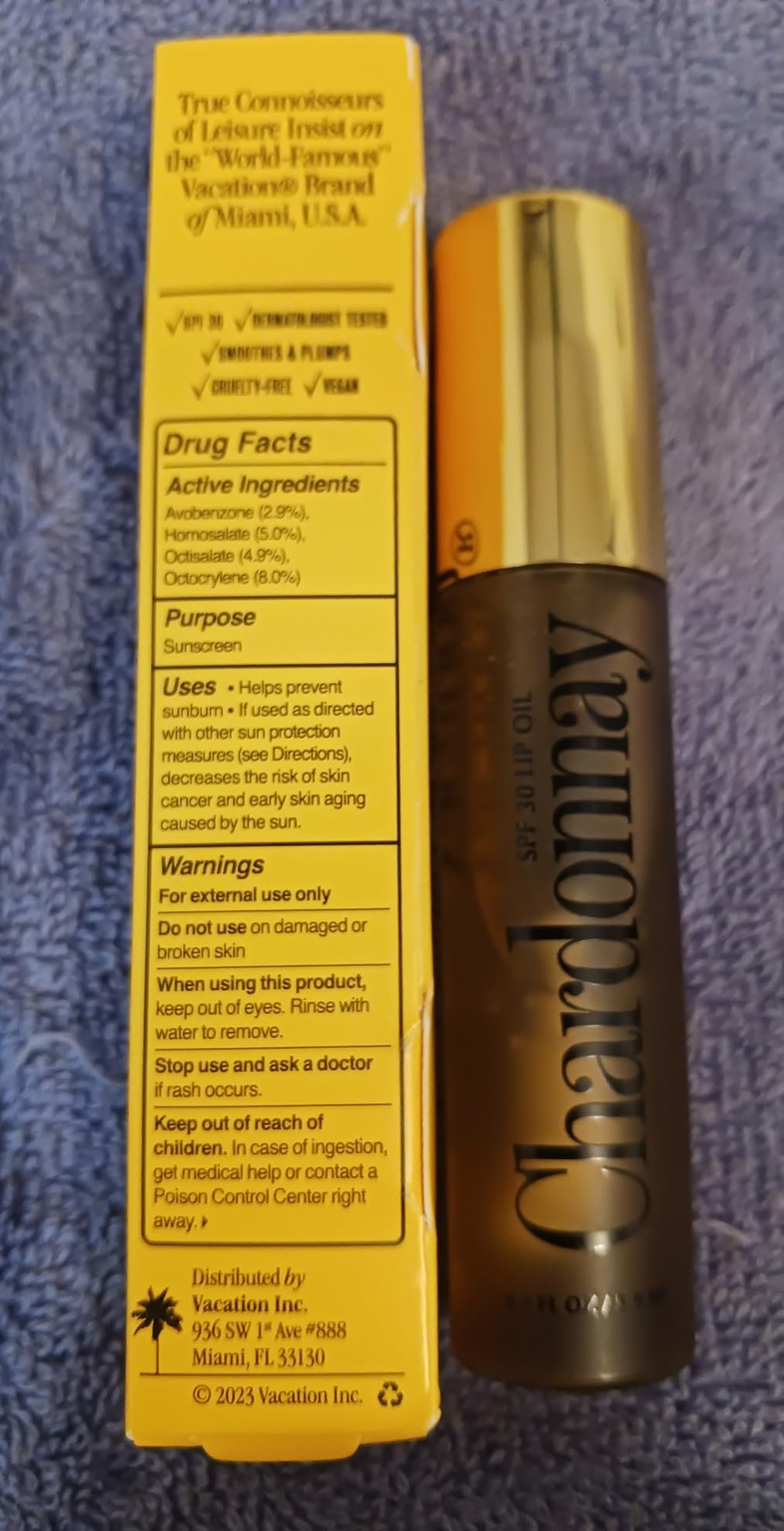 Vacation Chardonnay Lip Oil SPF 30, Sunscreen for Lips, Hydrating, Caramel Vanilla Flavored Lip Gloss, Clear Plumper, Non-Sticky Lip Balm, Vegan, 0.2 Fl. Oz