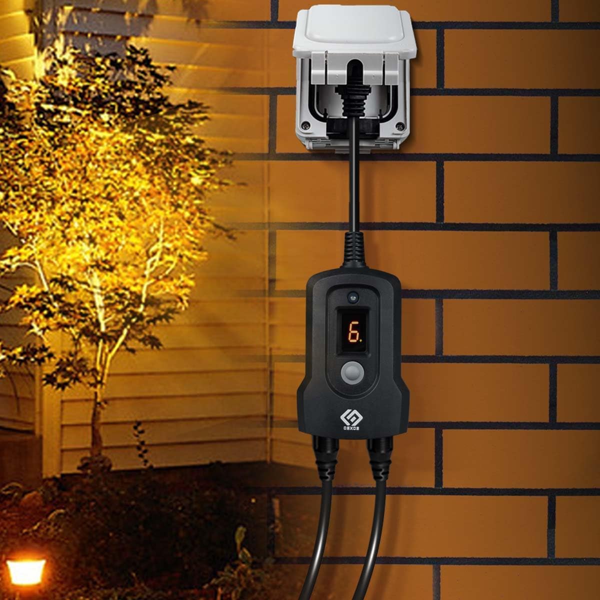 OSKOS Outdoor Timer mounted vertically on a brick wall, connected to outdoor lighting.