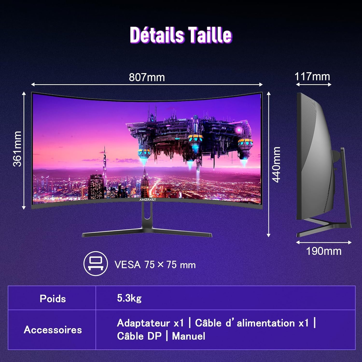 Amzfast Écran PC Gamer 34 Pouces 240Hz/UWQHD Moniteur Incurvé 3440x1440 (21:9), 450 nits, Eyes Care, sRGB 130%, Adaptive Sync, HDR400, HDMI 2.1x2, DP 1.4x2, VESA 75x75, PIP/PBP, AMZG34C5QPro