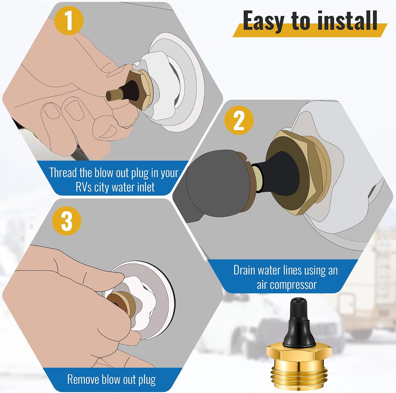 2 Pack Brass RV Blow Out Plug, Heavy Duty Winterization Tool Compatible with Schrader Valve to Blow Out RV Water Lines, Winterization Valve for Camper, Motorhome, Travel Trailer
