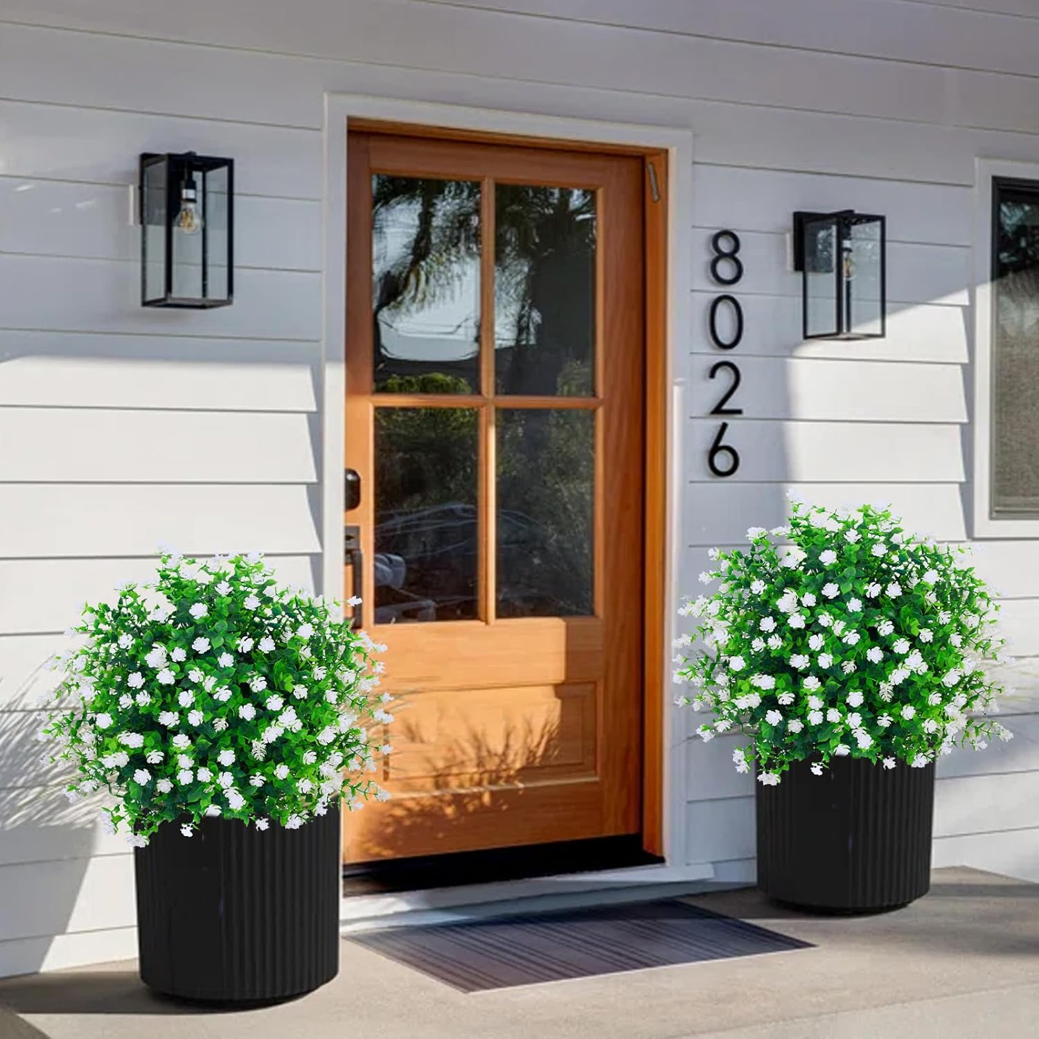 2Pack Artificial Topiary Ball Tree Outdoor with Spike,Spring Faux Boxwood Topiary Fake Bushes Shrubs White Realistic,15.8" D UV Resistant Artificial Greenery Plants for Outdoor Planter Garden Porch