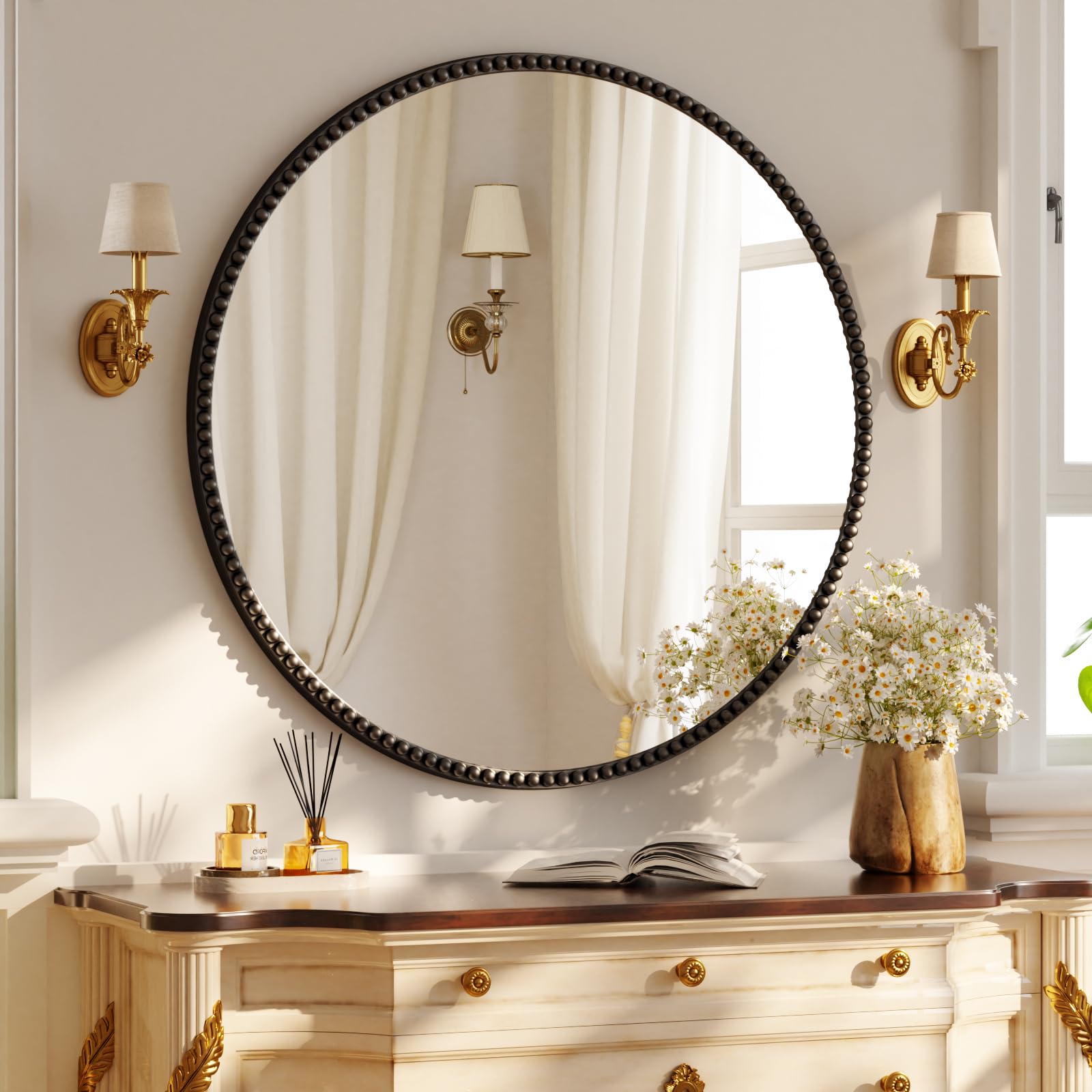 Koonmi runder Wandspiegel 80 cm, PU Perlenrahmen, Schwarz | Retro Badspiegel zum Aufhängen oder Anlehnen für Eingangsbereich, Schlafzimmer, Wohnzimmer und Flur