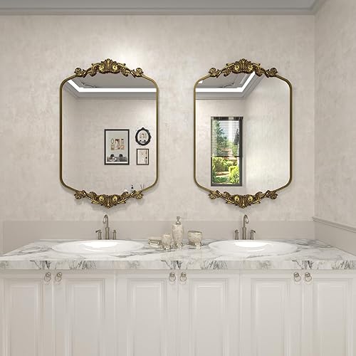 Miniatura 4 de SMIROR Espejo antiguo de oro arqueado de 48 x 32 pulgadas, espejo vintage de arco para pared, espejo barroco con marco de metal para tocador de baño