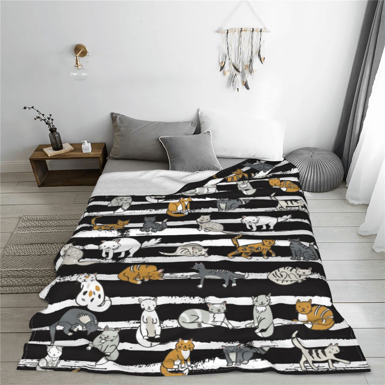 Coperta in pile con motivo gatto e animali domestici, per letto, divano, divertente, a righe nere, leggera, morbida e accogliente, 127 x 101,6 cm