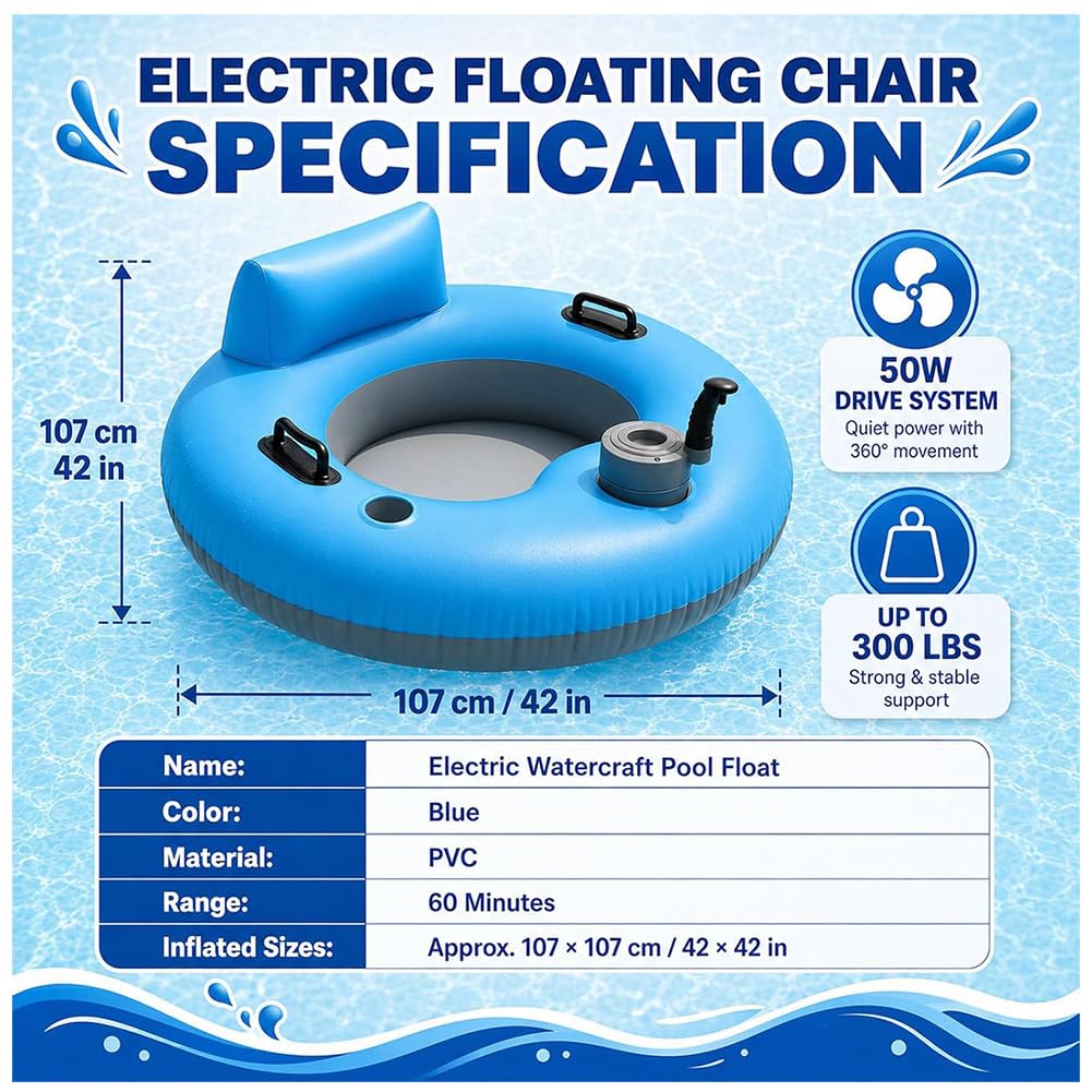 Motorisierte Pool-Liege, Elektrischer Pool-Float mit 360° Rotierendem Antrieb, 136kg Tragkraft - Getränkehalter und Rückenlehne, Aufblasbare Wasserliege für Pool, See, Strand und Sommerspaß