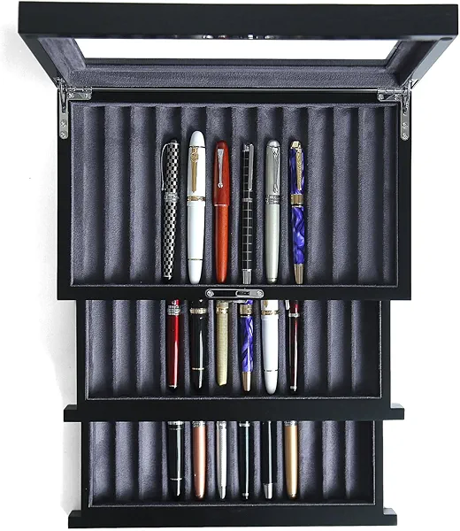 Besforu wood pen display case 36 slot Fountain pen Box storage Organizer with drawer, Top Glass Window Pen Collection Display Case