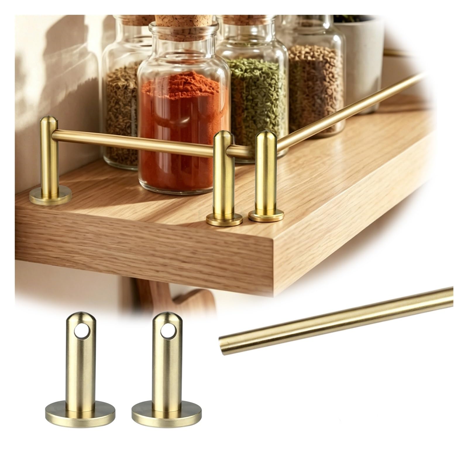 Peynir Type B Brass Kitchen Shelf Guard Rail Set 20-100Cm, Customizable Anti-Fall Guardrail Bars With 2 Spindles, Decor Cabinet Retaining Strip For Libraries/Offices/Rv(,L 46Cm/18.1")