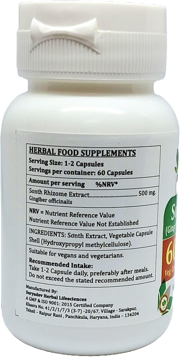 Sonth Forte Capsules 500 mg. 60 Veg. Capsule | Ginger (Gingiber officinale) Extract Capsules for Men and women | Ayurvedic Herbal Supplement/Remedies | 10:1 Forte (4 Bottles of 60 Capsules)