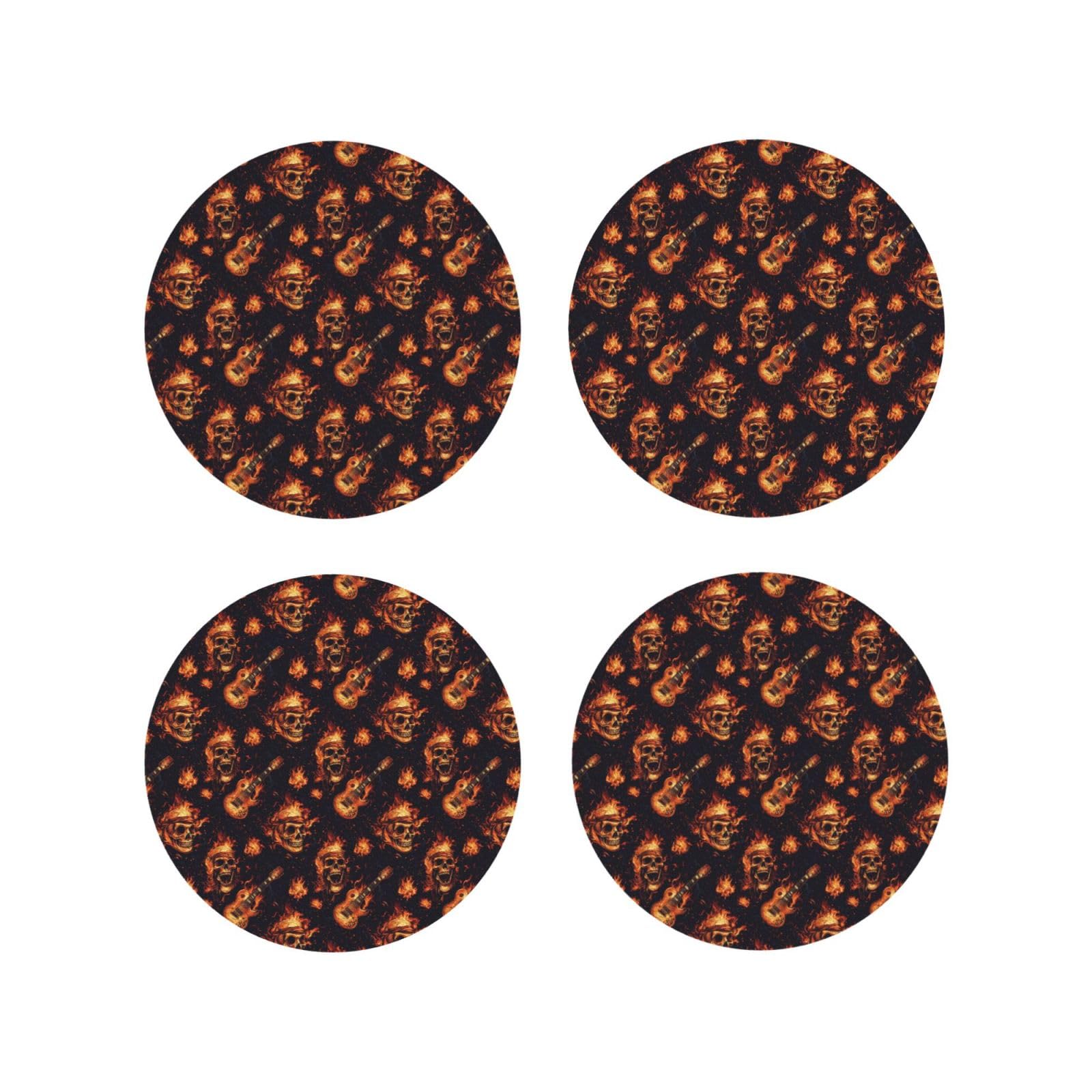 Smazdfxx Women's As Pic Leather Coasters Set Of 4 - Red Flame Skull Guitar Print Lightweight Drink Coasters For Desk