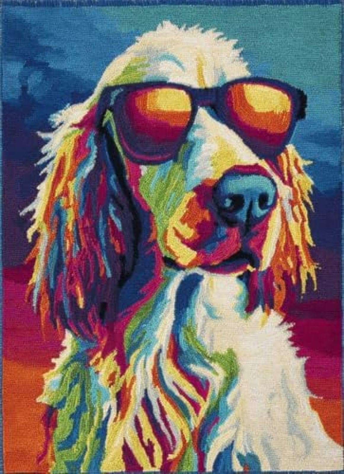 XDEGHUANGSS Latch Hook Rug Kit English Setter Dog Puppy Wear Sunglasses with Pre-Printed Mat Cover DIY Cushion Crochet Yarn Hooking Craft Set for Floor Decor 38x52cm-2