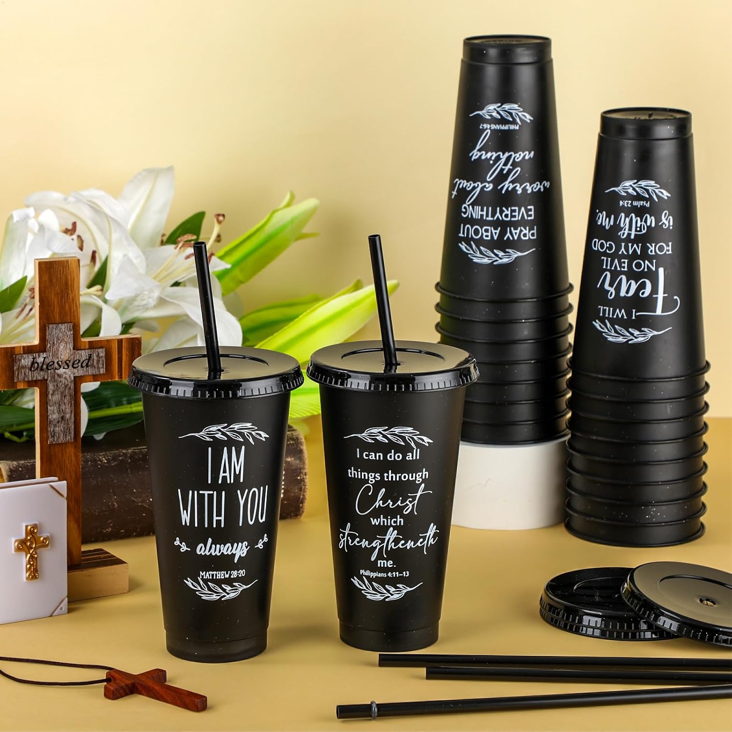 Havawish 12 Pcs Inspirational Christian Gift Bible Verse Tumbler Bulk 24 oz Drinking Tumblers with Lid Straw Religious Plastic Cup for Church Women Men Valentines Day Party Supplies (Black) - Image 5