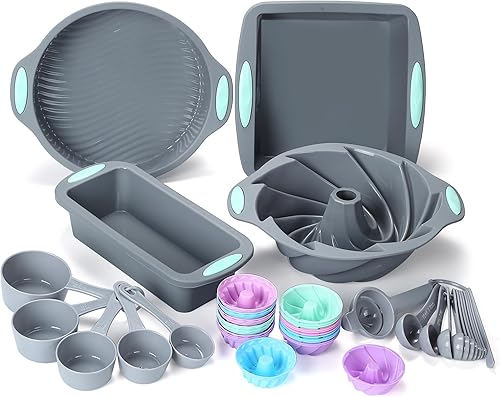 To encounter Juego de 45 utensilios de silicona para hornear, resistentes al calor, moldes antiadherentes para hornear pasteles, pan y cupcakes, con