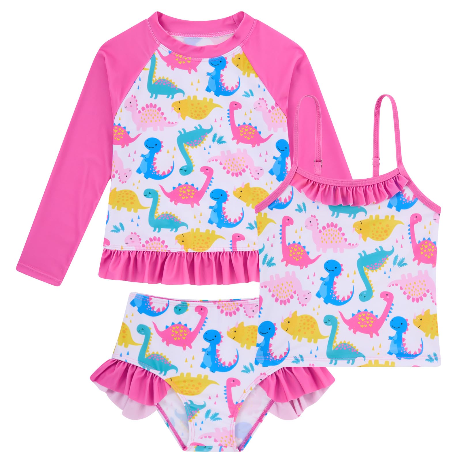 BFUSTYLE Girls Swimsuit 3 Pieces Rash Guard Kids Bathing Suit 3-8 Years | Funny Sun Protection Quick Dry Summer Beach Long Sleeves Swimwear Tankini Set