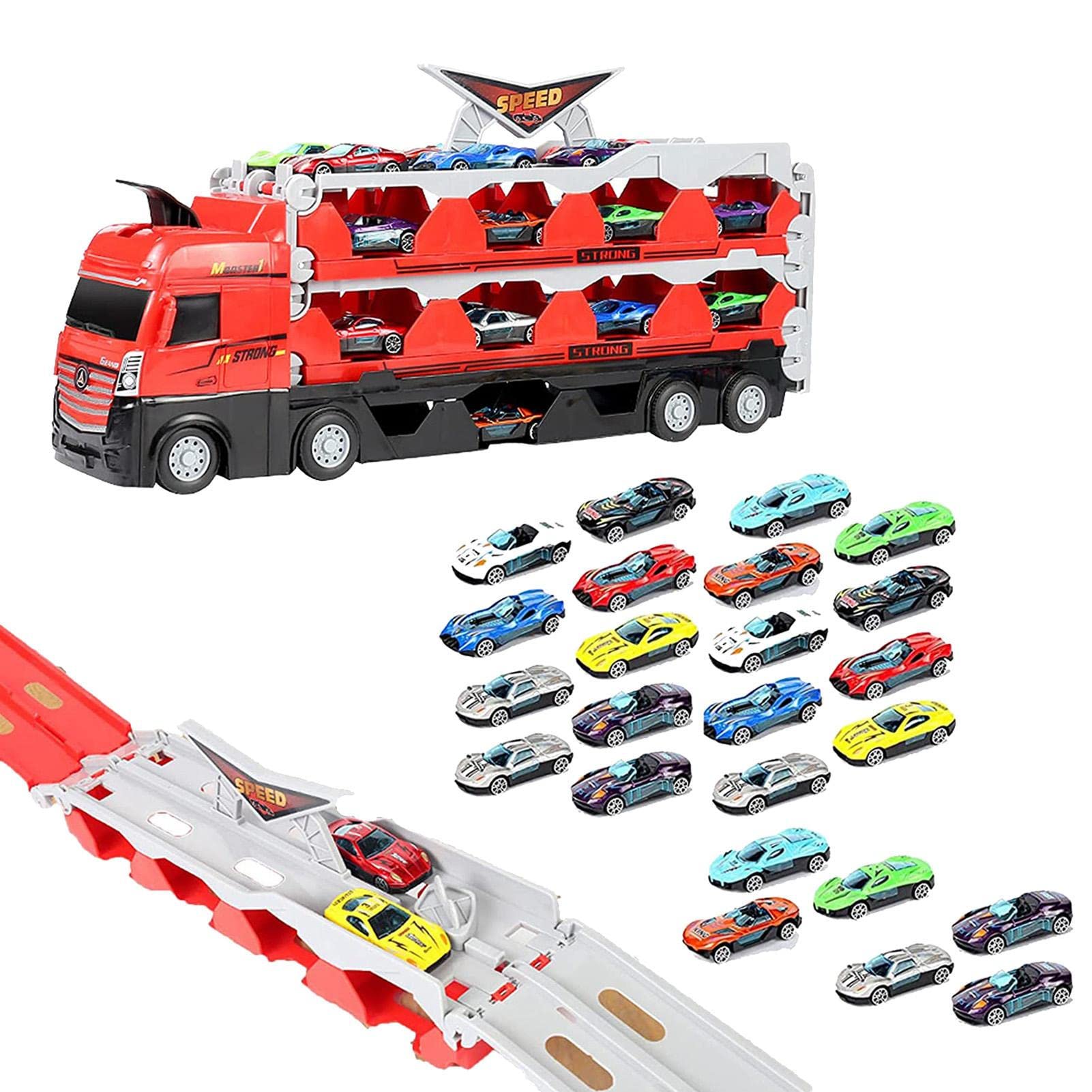 Mega Hauler Truck With Ejection Race Track, 8/16/24 Pcs Toy Car Transporter Trucks Set, Children's Deformation Catapult And Shootings Big Truck Folding Storage Transporter Toy, Toy Truck Transporter