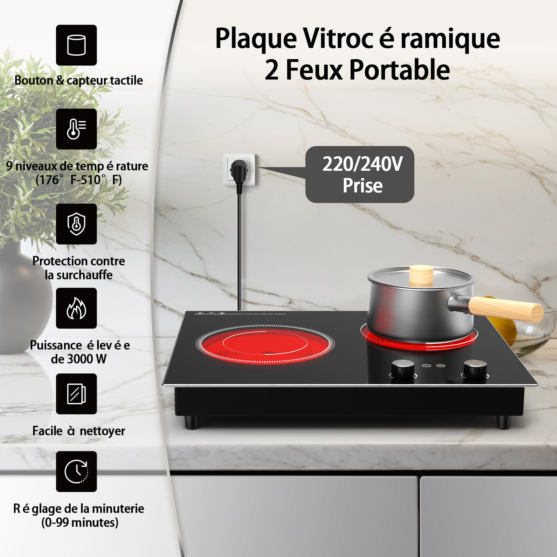 VBGK plaque vitrocéramique 2 feux, plaque de cuisson 3000 W 9 niveaux de chauffe, minuterie et sécurité enfant, commande tactile à bouton LED avec prise