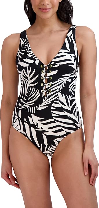 BCBGMAXAZRIA Womens One Piece Swimsuit Lace Up Grommet Tummy Control Quick Dry Bathing Suit