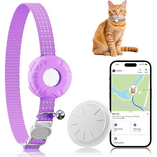 Cat Tracker, GPS Tracker Collar with Safety Elastic Buckle, Tractive GPS Cat Tracker Compatible with Apple Find My App (Only iOS), No Monthly Fee, Purple
